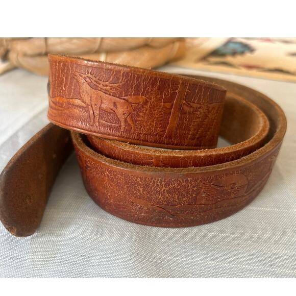 Brn Leather Western Boho Belt Embossed Animal Print No buckle Unisex - Picture 2 of 10